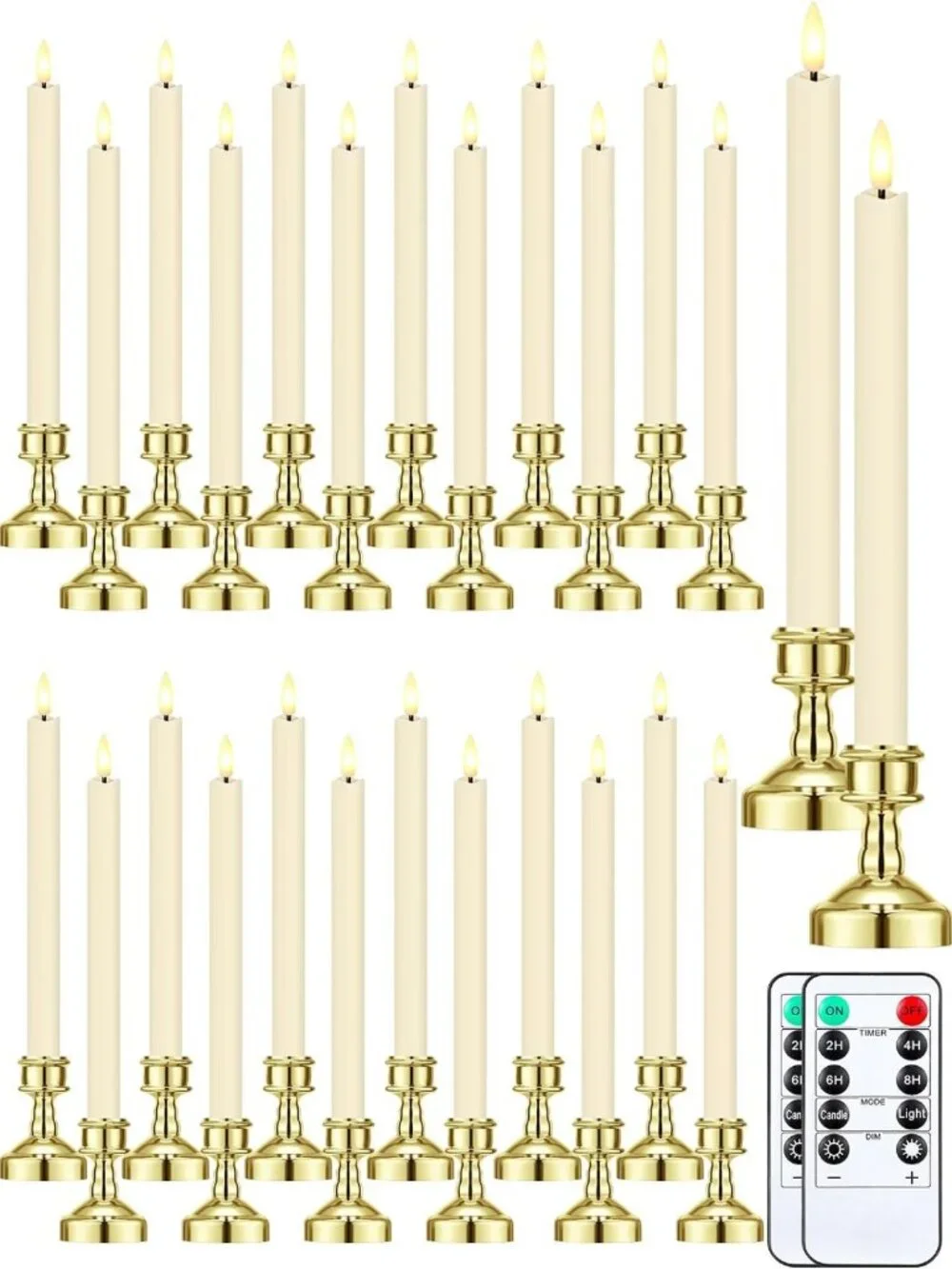 24 Pcs Flameless Taper Candles with Holders & Remote Timer - LED Flickering